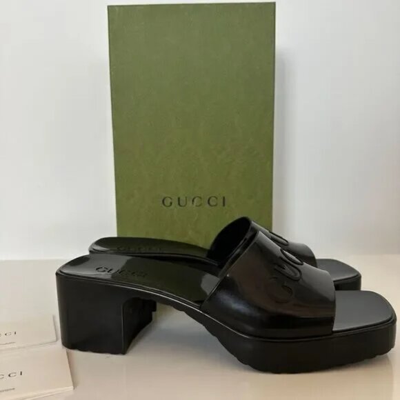 GUCCI Rubber Gucci Logo Womens Platform 20/60mm Slide Sandals 39 Black - Picture 3 of 10